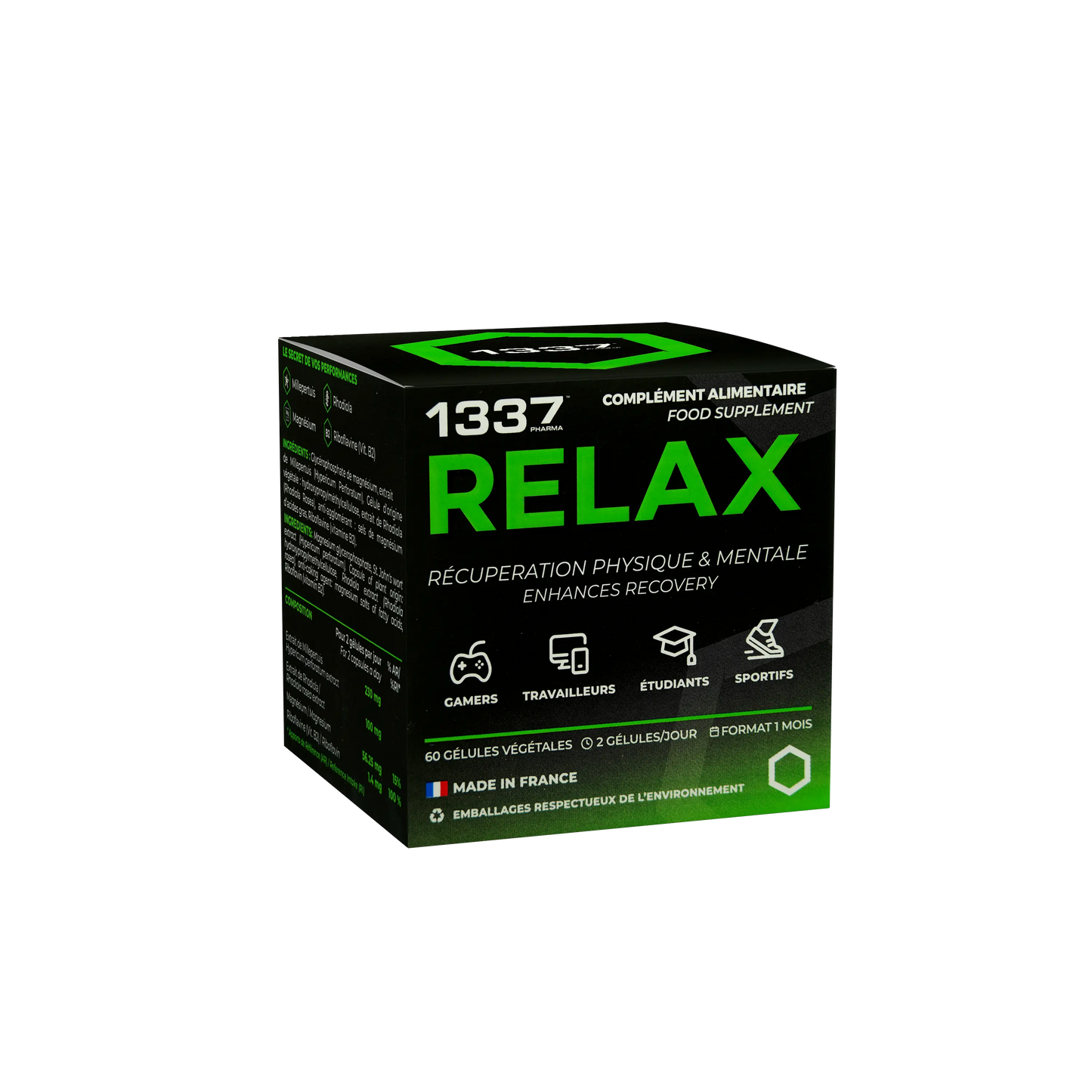Relax 1337pharma magnesio y extractos de plantas de Hipérico y Rhodiola, así como vitamina B2